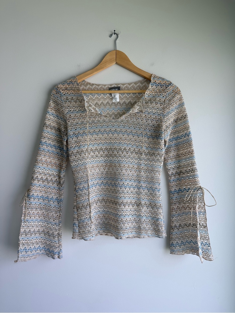 Rave Y2K Crochet Bell Sleeve Tie Front Knit Top Made in USA Medium